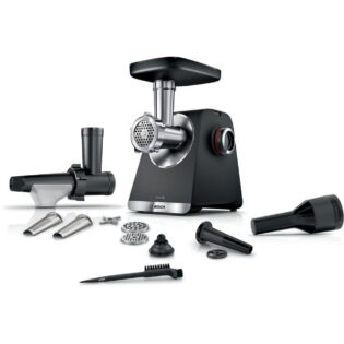 BOSCH Fleischwolf Serie 6 MFWS650B, 3,5kg/Min., 2 Lochscheiben (3 & 8mm), schwarz, 500 W, 2 Stufen, Rücklauf, Wurststopfer, 10 J Motorgarantie, Planetengetriebe
