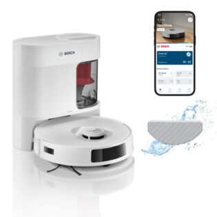 BOSCH Saugroboter Spotless + BCRD1W, Saugroboter mit Wischfunktion, 11.000 Pa Saugkraft, 60 W, beutellos, Trocken-Servicestation, Infrarot Navigation, Carbon Bürste