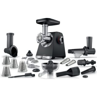 BOSCH Fleischwolf Serie 6 MFWS682B, 3,5kg/Min., Zitruspresse, Raspel, Wurststopfer, 500 W, 2 Lochscheiben (3&8mm), 10 J Motorgarantie, Planetengetriebe, schwarz