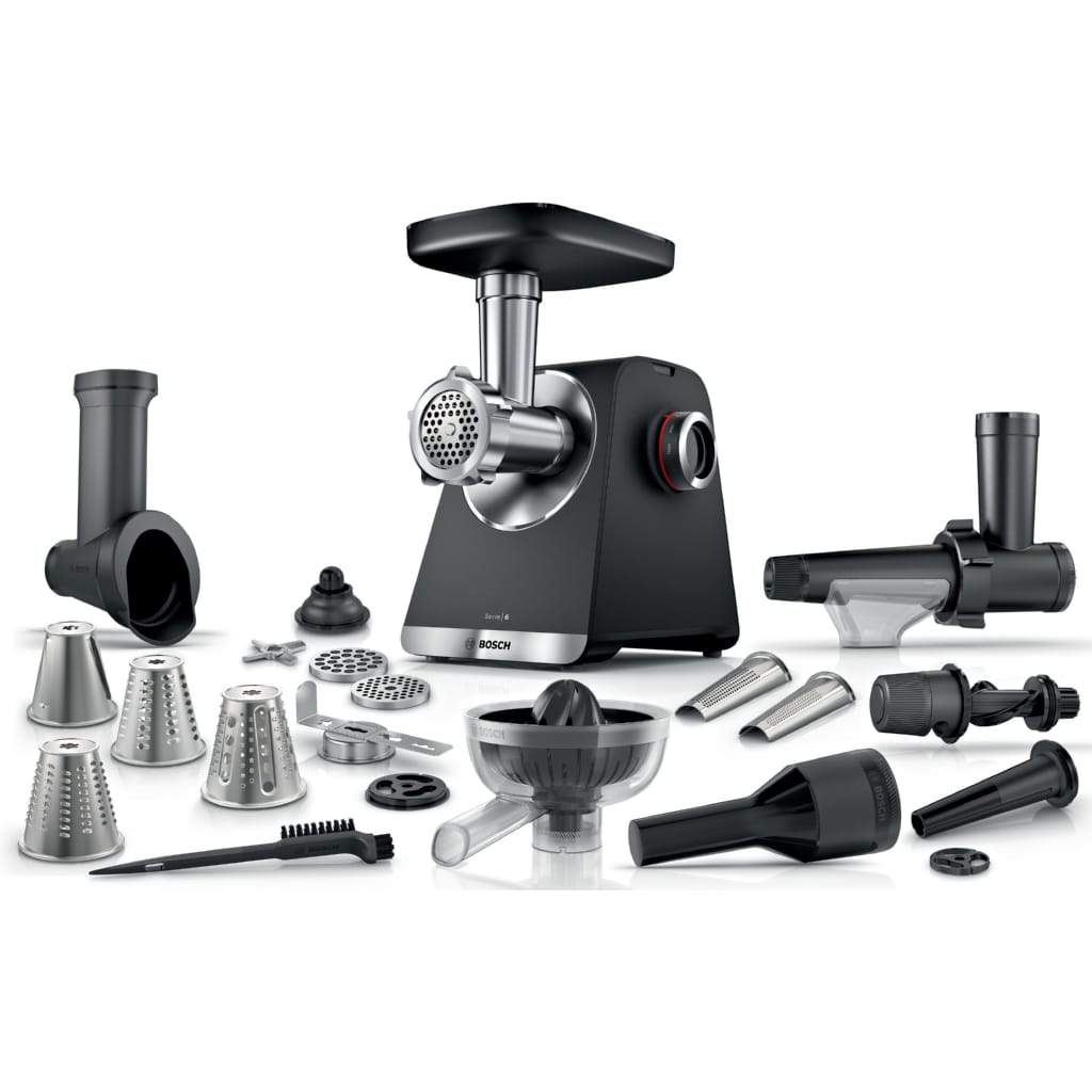 BOSCH Fleischwolf Serie 6 MFWS682B, 3,5kg/Min., Zitruspresse, Raspel, Wurststopfer, 500 W, 2 Lochscheiben (3&8mm), 10 J Motorgarantie, Planetengetriebe, schwarz