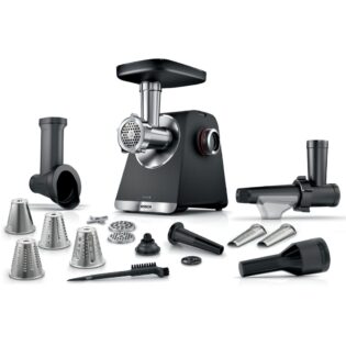 BOSCH Fleischwolf Serie 6 MFWS660B, 3,5kg/Min., Raspel, 2 Lochscheiben (3&8mm), schwarz, 500 W, Fruchtpresse, 2 Stufen, 10 J Motorgarantie, Planetengetriebe