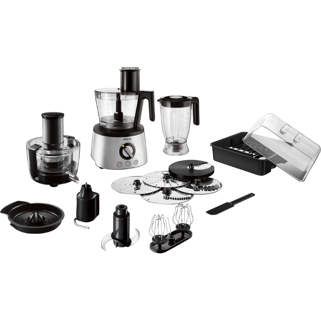 Philips Kompakt-Küchenmaschine HR7778/00, 1300 W, 2 l Schüssel, inkl. Knethaken, Entsafter, Standmixer und Zitruspresse