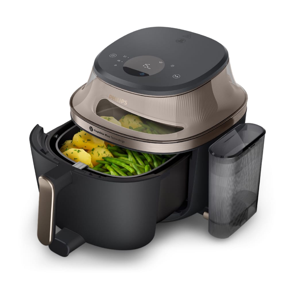 Philips Heißluftfritteuse NA547/07 Steam Airfryer 5000 Series mit EasySlide, 7,2L Kapazität, 2000 W, mit Dampfgarfunktion u. RapidAir Plus Technologie, Schwarz/Gold