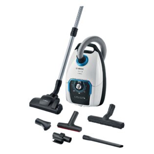 BOSCH Bodenstaubsauger Serie 8 ProSilence BGB75XSIL, Hygiene-Filter, 10 Jahre Motorgarantie, 650 W, mit Beutel, Hartbodendüse, XXL-Polsterdüse, langes Kabel, leise, weiß