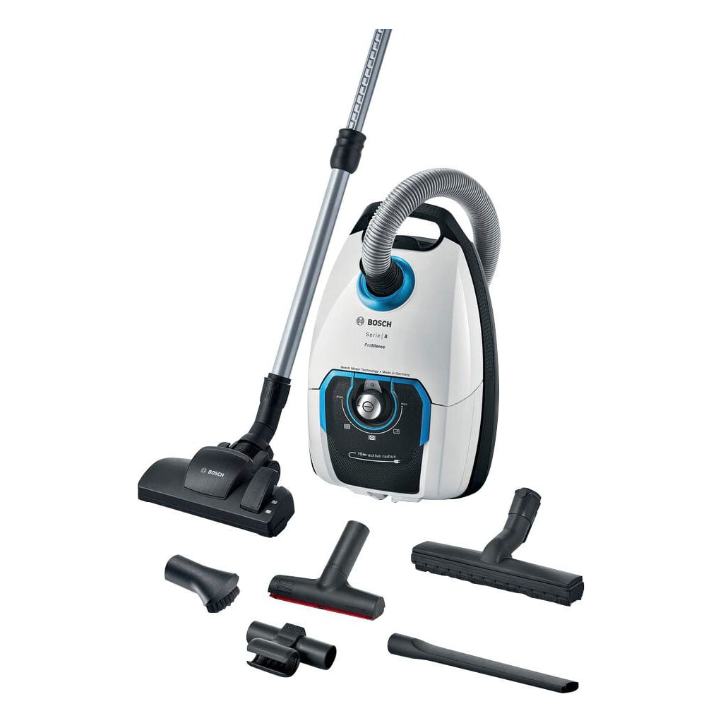 BOSCH Bodenstaubsauger Serie 8 ProSilence BGB75XSIL, Hygiene-Filter, 10 Jahre Motorgarantie, 650 W, mit Beutel, Hartbodendüse, XXL-Polsterdüse, langes Kabel, leise, weiß