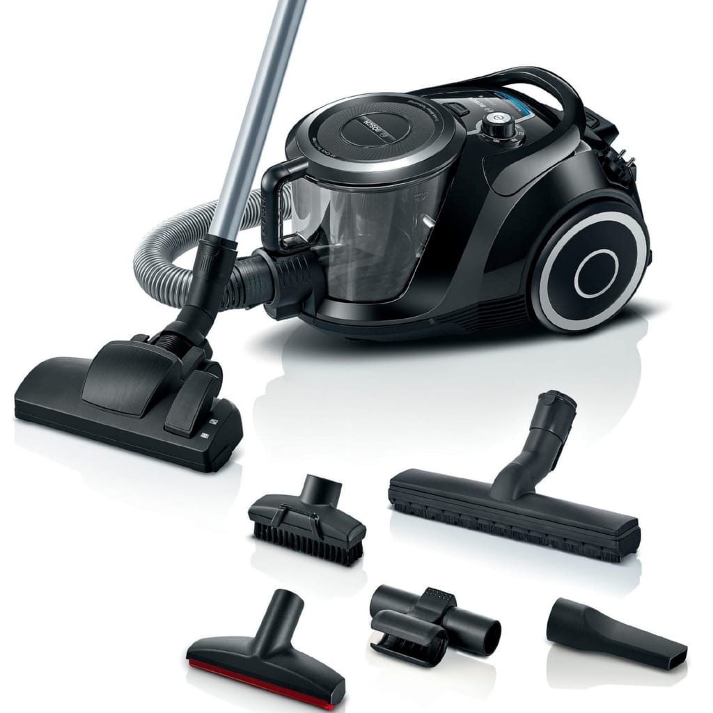 BOSCH Bodenstaubsauger Serie 6 BGC41XSIL, ideal für Allergiker, Hygiene-Filter, leise, 700 W, beutellos, 10 Jahre Motorgarantie, Hartbodendüse, XXL-Polsterdüse, schwarz