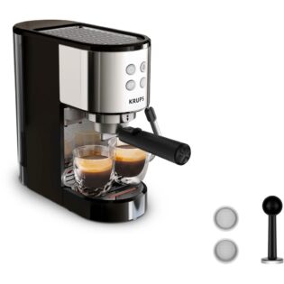 Krups Espressomaschine XP4418 Virtuoso Essential, Siebträger, Edelstahl-Applikationen, schlankes kompaktes Design, 2 Filtereinsätze