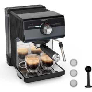 Krups Espressomaschine XP384G Authentic+, Siebträger, intuitives Bedienfeld, Milch-Aufschäumdüse, 3 Siebeinsätze