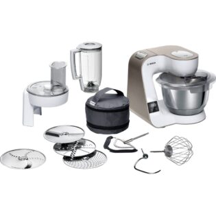 BOSCH Küchenmaschine Serie 4 MUM5XW20, integr. Waage, Durchlaufschnitzler, weiß/champagner, 1000 W, 3,9 l Schüssel, 4 Scheiben, Mixer, Edelstahlschüssel, Knethaken/Rühr-/Silikonbesen