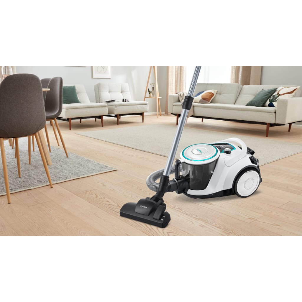 BOSCH Bodenstaubsauger Serie 6 ProHygienic BGC41XHYG, ideal für Allergiker, Hygiene-Filter, 700 W, beutellos, 10 Jahre Motorgarantie, Hartbodendüse, XXL-Polsterdüse, leise, weiß